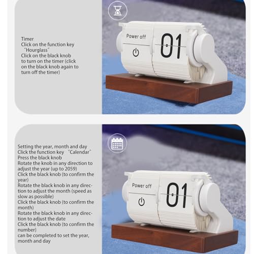 Automatic Mini Flip Clock, Rechargeable Retro Vintage Mechanical Digital Auto Flip Desk Clock with Wood Base, Large Number Timer Calendar Alarm for Home Office Hotel CAF (White)