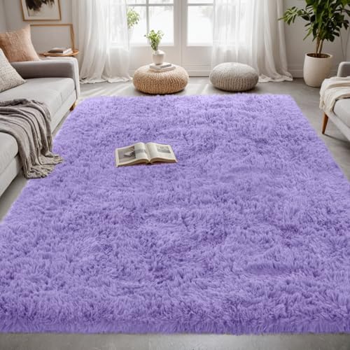 5x7 Fluffy Shag Area Rugs for Living Room Bedroom: Soft Plush Carpet Purple