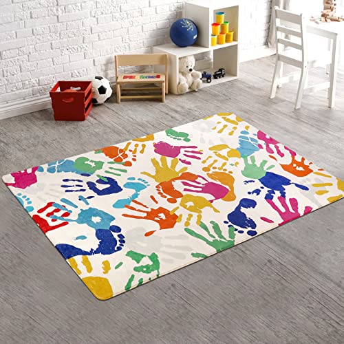 STARUIA Colorful Kids Rug for Playroom, 3'x5' Washable Handprints and Footprints Rugs for Kids Room Boys and Girls Nursery, Ultra Soft Non-Slip Non-Shedding Play Carpet Indoor for Classroom Bedroom