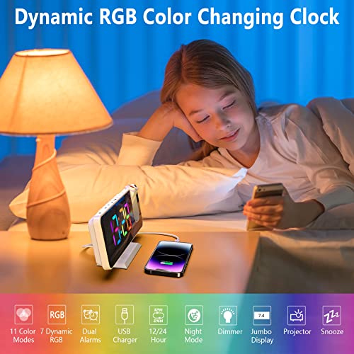 Projection Alarm Clock for Bedrooms Ceiling,7.3" Digital Clock Large Display Mirror Screen,11 Colors RGB Clock with 180° Rotatable Projector,5 Auto Dimmer,12/24h, Snooze,Dual Alarm