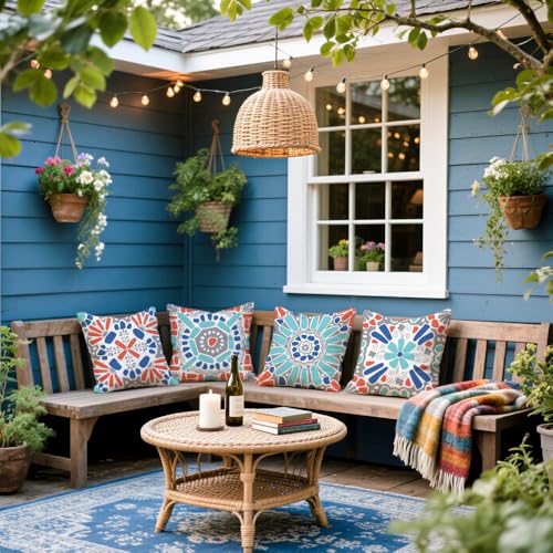 Outdoor Pillow Covers 18x18 Set of 4 Morden Geometric Patterns Waterproof Throw Outdoor Pillows Boho Decorations for Funiture Patio Garden Home