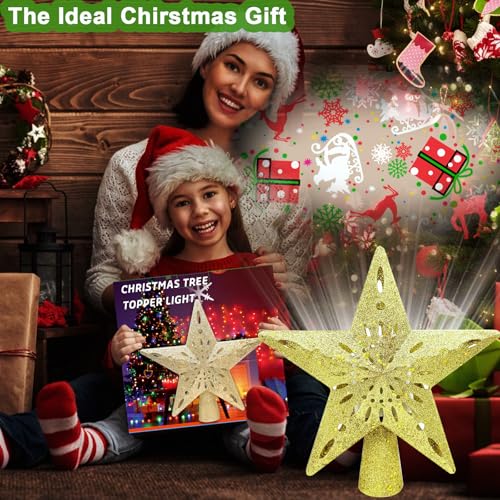 10" Christmas Tree Topper Projector with 6 Projection Modes, Built-in LED Rotating Light, 3D Glitter Dynamic Projector Light Up Tree Topper Star for Xmas Holiday Party Decorations Gifts (Gold)