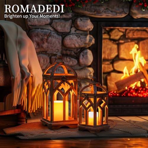 Romadedi Farmhouse Wood Candle Lantern Decorative 12"/16", Set of 2, Brown