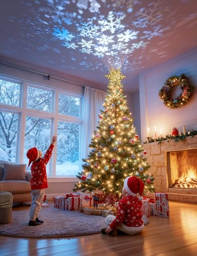 DG-Direct Christmas Tree Topper Lighted with Golden Snowflake Projector, Led Rotating Magic Snowflake, 3D Hollow Glitter Lighted Gold Snow Tree Topper for Christmas Tree Decorations