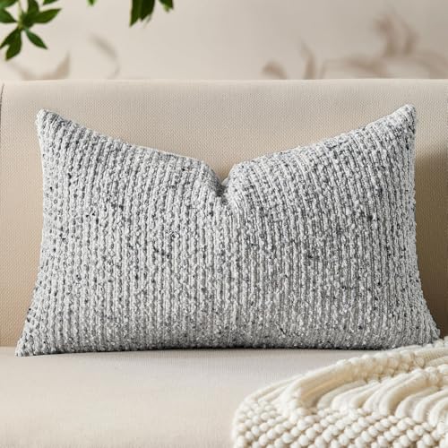 Allorry Decorative Lumbar Pillow Cover 12x20 Blue Striped Soft Wool Lumbar Throw Pillow Neutral Textured Boho Cushion Covers for Modern Farmhouse Sofa Bedroom Living Room Decor SY011-C12