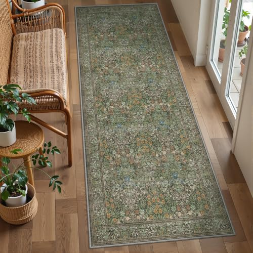 2x5 Runner Rug, Floral Kitchen Rugs Washable Green Rug, Dark Green