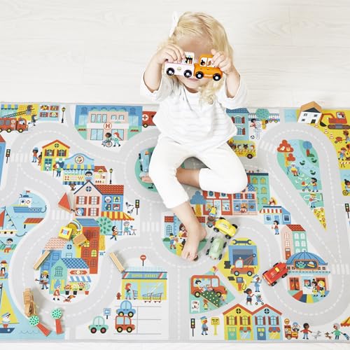 Janod - Children's Car Rug - City Theme - Soft & Non-Slip - Urban Pattern - Play Rug for Girls & Boys' Bedrooms - 120 x 78cm - Hand Washable - from 2 Years Old - J05910