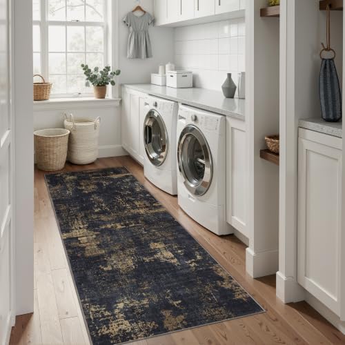 Sasttie 2x8 Runner Rug, Modern Abstract Hallway Carpet, Black & Gold