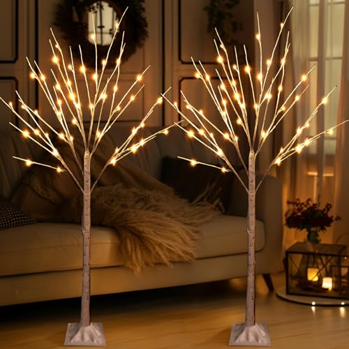 TW SHINE 2 Pack Lighted Birch Tree, 4 FT Total 96 LED Pre-lit Artificial Christmas Trees for Thanksgiving Christmas Decorations Indoor Outdoor Home Festival Wedding Party, Warm White