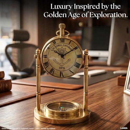 LIARA Vintage Brass Gold Table Clock Compass | Elegant Vintage Nautical Timepiece for Home & Gift