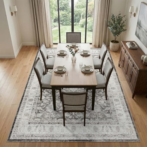 JINCHAN 8x10 Vintage Floral Area Rug, Washable Non Slip, Grey