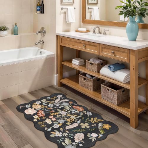 Bathroom Rugs 30x20 Bath Mat: Boho Washable Low-Pile Thin Door Mat Black