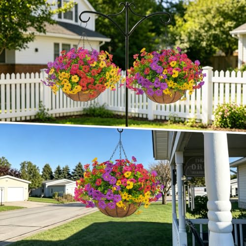 2 Set Artificial Outdoor Flowers with Hanging Basket for Garden Porch Patio Balcony Yard Home Decoration