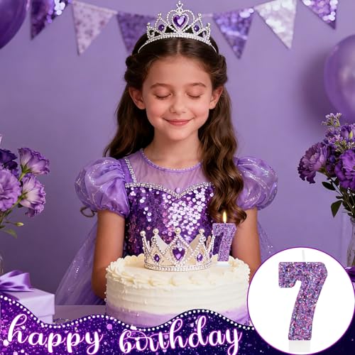 Deep Purple Glitter Birthday Candles for Girls - Number 7 Candle Cake Topper for Kpop Themed Birthday Party Decorations