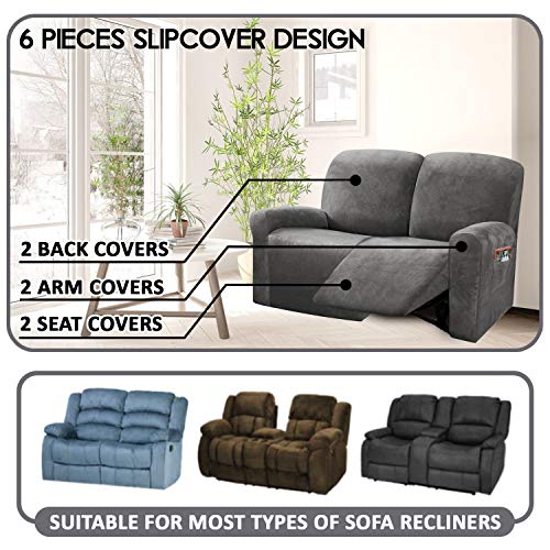 ULTICOR Reclining Love Seat Slipcover, 48" - 65" L, 6-Piece Velvet Stretch Loveseat Reclining Sofa Covers, 2 seat Love seat Recliner Cover, Thick, Soft, Washable (Dark Grey)