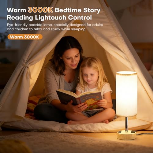 Bedside Table Lamp for Bedroom, 3-Way Dimmable Nightstand Lamp with USB C, USB A Ports & AC Outlet, Small Table Lamp Fabric Shade for Living Room Dorm Office, LED Bulb Included (14in Wood Grain)