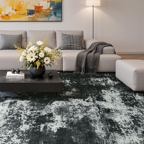 5x7 Back Grey Washable Area Rug Non-Slip Faux Wool Abstract Rug