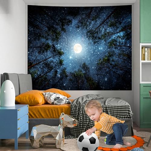 Apdidl Forest Galaxy Starry Tapestry for Bedroom Ceiling, Blue Space Night Starry Sky Moon Stars Tapestry Aesthetic, Tree Forest Milky Way Backdrop Wall Hanging for Dorm Living Room Decor (51" X 60")