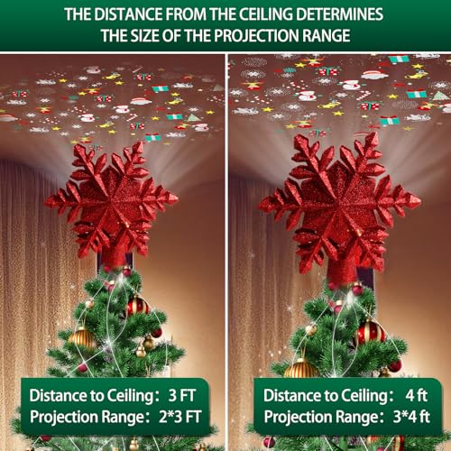 Christmas Tree Topper Lighted with 6 Projected Patterns -Snowflake Tree Topper Magic Rotating Lights -3D Glitter Dynamic Projector Xmas Tree Topper for Festive Party Decorations (Red)