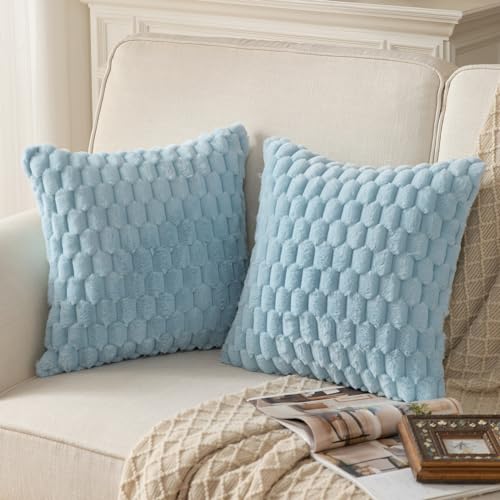 MANDIOO Pack of 2 Light Blue Super Soft Plush Fluffy Decorative Throw Pillow Covers 18x18 inch Faux Fur Wool Velvet Cushion Covers Pillow Cases Couch Sofa Bed Living Room