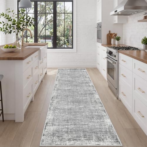 2x8 Runner Rug, Grey Abstract Washable Kitchen Rugs for Hallway