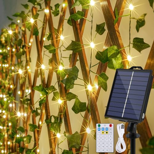OMIKA 66FT 200LED Vine Fairy Lights Solar Powered, 19 Modes & Timer Ivy String Lights with Remote, Green Leaf Lights for Indoor Bedroom Classroom Office Wall Garden Party Wedding Decor (Warm White)