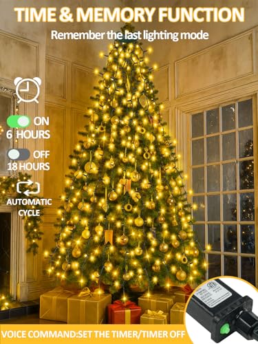 2025 New Christmas Tree Lights with Voice Control Outdoor/Indoor, 480LED 8FT 16 Lines Cascading Twinkle Lights Green Wire,12 Modes & Timer, Waterproof Waterfall Lights for Xmas Decor (Warm White)