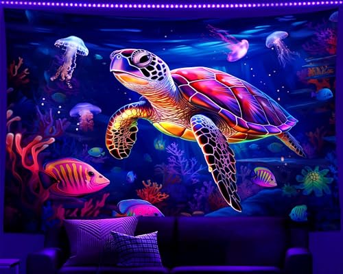 QGHOT Blacklight Turtle Tapestry Glow in the Dark Ocean Tapestry Wall Hanging Black Light Sea Turtle Poster for Kids Teen Room Bedroom Decor 37x29in