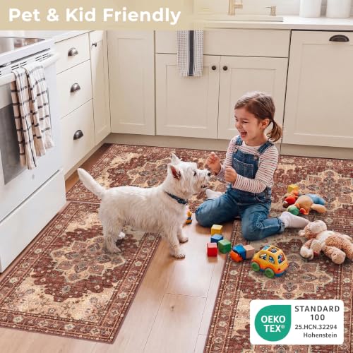 3 Piece Kitchen Rugs Sets with Runner, Washable Non Slip Soft Boho Kitchen Mats, Low Pile Stain Resistant Carpet for Hallway, Laundry Room, Entryway, Home Decor(20"x32"+20"x48"+20"x59", Rust Red)