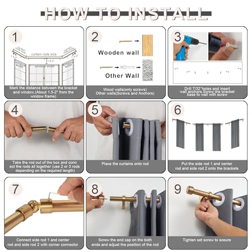Warm Gold Bay Window Curtain Rods with Aluminum End Cap Finials and Brackets,Adjustable 36-72 Inch Center Rod for windows (24-68’’), 20-36 Inch Side Rods for windows (16-32’’),1 Inch Diameter