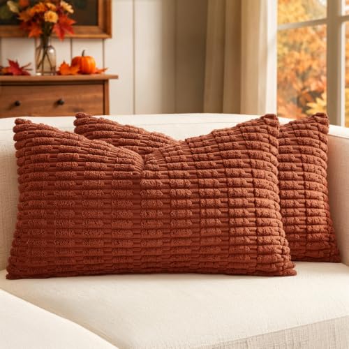 MIULEE Fall Lumbar Corduroy Decorative Throw Pillow Covers 12x20 Rust