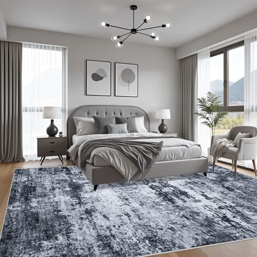 5x7 Area Rug Living Room Rug: Washable Modern Abstract Soft Thin Rug Indoor Floor No Slip Stain Resistant Carpet for Bedroom Dining Room Farmhouse Nursery Home Office - Black