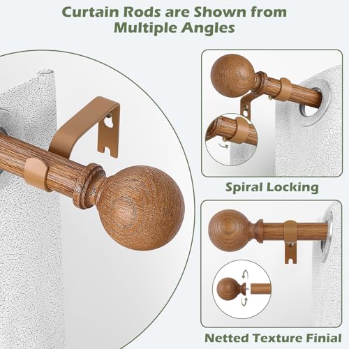 2 Pack Wood Curtain Rods for Windows 28 to 48 Inch,1 Inch Wood Grain Ball Adjustable Curtain Rod,Boho Heavy Duty Curtain Rods,Farmhouse Rustic Window Curtains Rods,Brown Drapery Rods Set 18-45"
