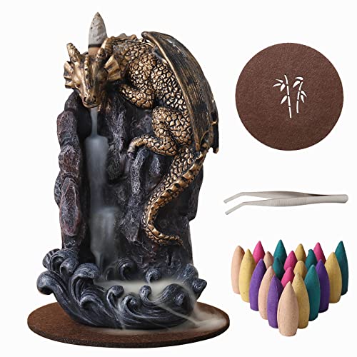 Dragon Backflow Incense Holder Waterfall Incense Burner, with 100 Backflow Incense Cones,1 Mat,1 Tweezers，Aromatherapy Ornamental for Home Office Yoga （Golden Dragon）