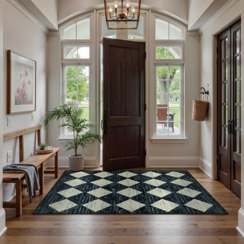 Lahome Zelie Moroccan Trellis Area Rug - 3x5 Washable Black Entry Rug Non Slip Living Room Mat, Distressed Lattice Soft Stain Resistance Indoor Throw Carpet for Front Door Foyer Bedroom Bathroom