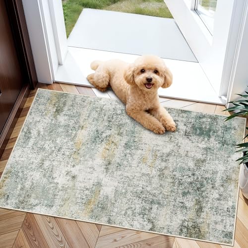 2x3 Runner Rug Washable Abstract: Soft Low Pile Carpet for Entryway Green