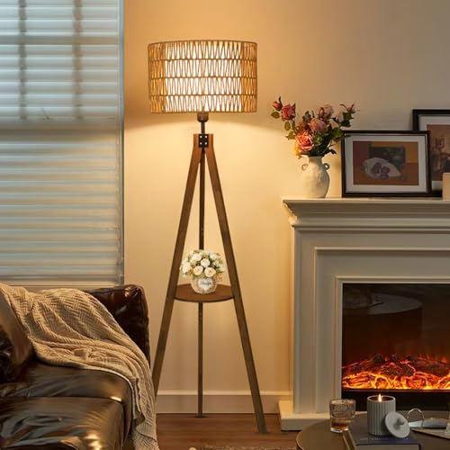 Boho Tripod Floor Lamps for Living Room, Rattan Wood Floor Lamp with Fabric Shades, Mid Century Standing Lamp with Shelf, Foot Switch, Modern Farmhouse Tall Lamps for Bedroom Office Brown