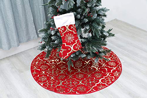 Flash World 48 Inch Large Christmas Tree Skirt Xmas Soft Cover Mat Decor Snowflake Collar Farmhouse Tree Skirt for Holiday Ornaments Party Home Indoor Decorations (Red, 48INCH)