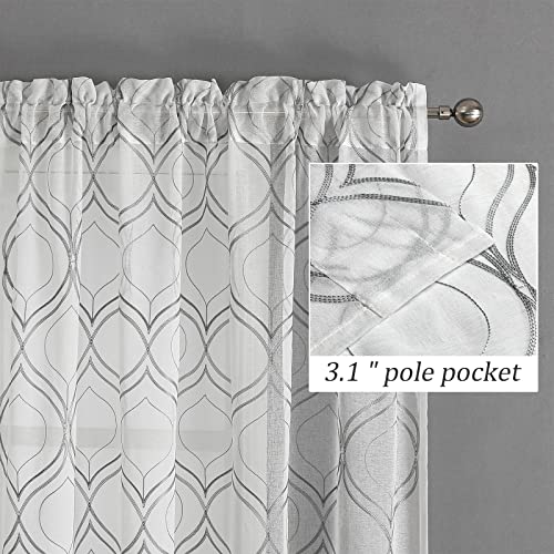 VISIONTEX White Sheer Curtains 84 Inches Long 2 Panels, Light Filtering Grey Moroccan Trellis Embroidered Semi Sheer Voile Drapes, Rod Pocket Textured Window Curtain for Bedroom Living Room 54W x 84L