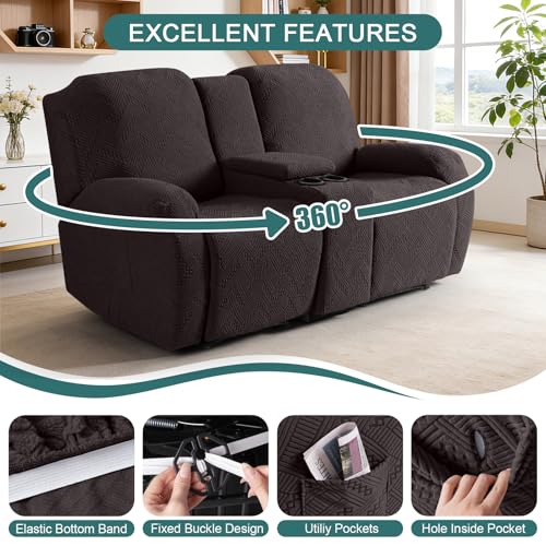 Ruaozz Loveseat Recliner Covers with Console, 4-Pieces Recliner Sofa Covers Stretch Jacquard Reclining Couch Covers with Pockets Furniture Protector with Elastic Straps Bottom (Chocolate)