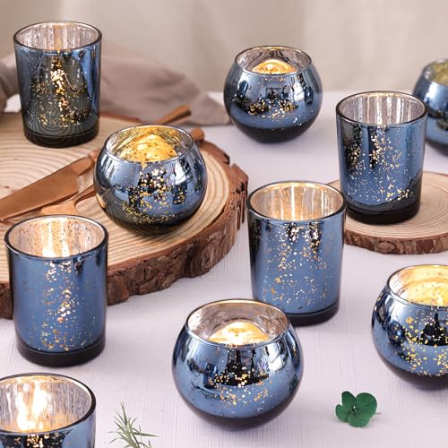 12PCS Assorted Blue Votive Candle Holders, Mercury Tealight Candle Holder Glass