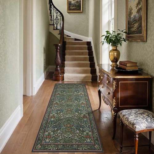2x8 Hallway Runner Rug Washable Non Slip, Vintage Floral Forest Green