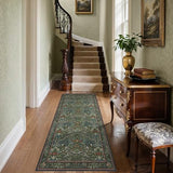 2x8 Hallway Runner Rug Washable Non Slip, Vintage Floral Forest Green