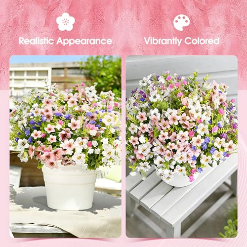 Fake Flowers for Outdoor UV Resistant 24 pcs Pink Artificial Flowers Outdoors, Realistic Faux Silk Flowers Fade Resistant, Fake Plants ＆ Flowers for Garden Porch Planters Window Patio Wedding
