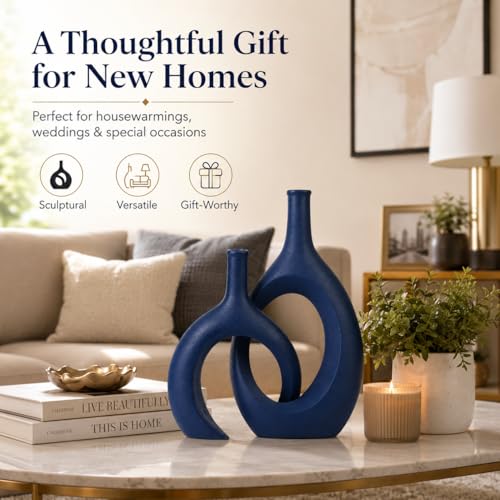 Navy Blue Unique Hollow Bud Vases Set of 2,Modern Snuggle and Huging Style Ceramic Vase for Pampas Grass,Living Room Decorations for Fireplace,Coffee Table Centerpiece,Mantle,Bookshelf Decor
