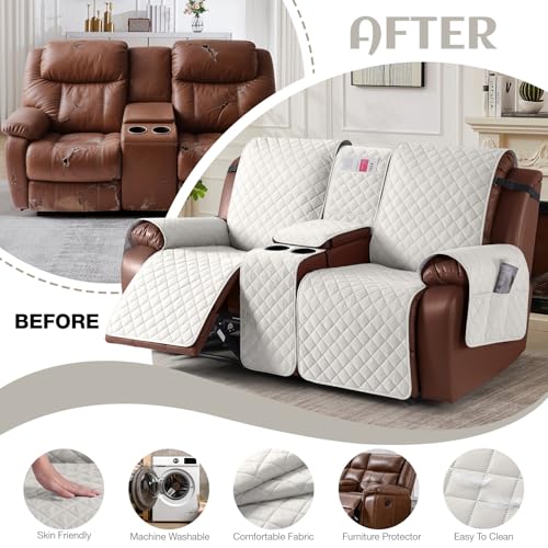 KinCam 100% Waterproof Recliner Loveseat Cover with Console X1, Recliner Couch Covers X1, Recliner Chair Covers X1(Beige White)