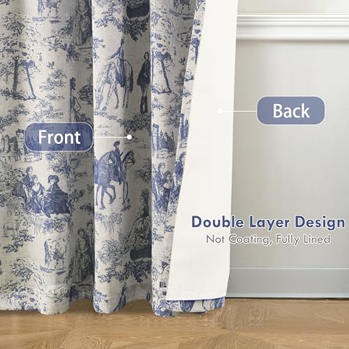 DriftAway 100% Blackout Toile Linen Curtains for Bedroom Double Layer Farmhouse French Country Vintage Printed Pattern Thermal Sound Lined Back Tab Living Room Drapes 84 inch Length 2 Panels Navy