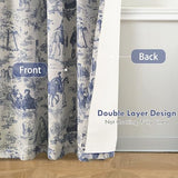 DriftAway 100% Blackout Toile Linen Curtains for Bedroom Double Layer Farmhouse French Country Vintage Printed Pattern Thermal Sound Lined Back Tab Living Room Drapes 84 inch Length 2 Panels Navy