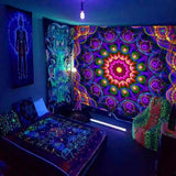 PSYHILAR Blacklight Trippy Mandala Tapestry, Boho Black Light Posters for Adults UV Reactive Room Decor for Bedroom Wall (60 x 50 Inches)