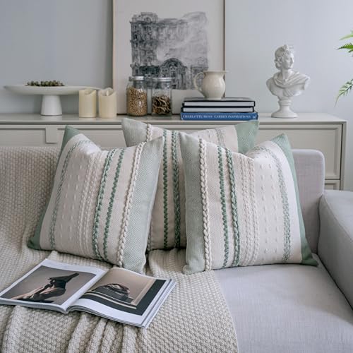 Boho Throw Pillow Covers 18x18 Inch Set of 2, Sage Green Textured Decorative Couch Pillow Cases for Farmhouse Home Decor, Accent Cushion Cover for Sofa, Bed, Living Room, Bedroom